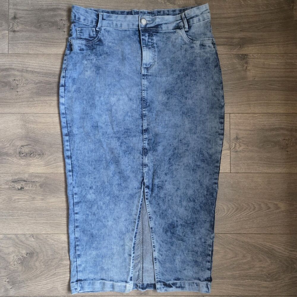Anagrom Acid Wash Denim Midi Skirt Sz 16 Front Split Stretch Modest Blue Y2K